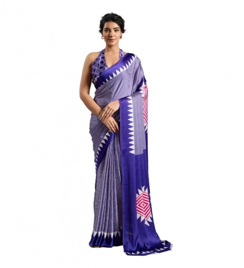 Generic Women's Satin Crepe Printed Saree With Unstitched Blouse 5.5Mtr (Purple)