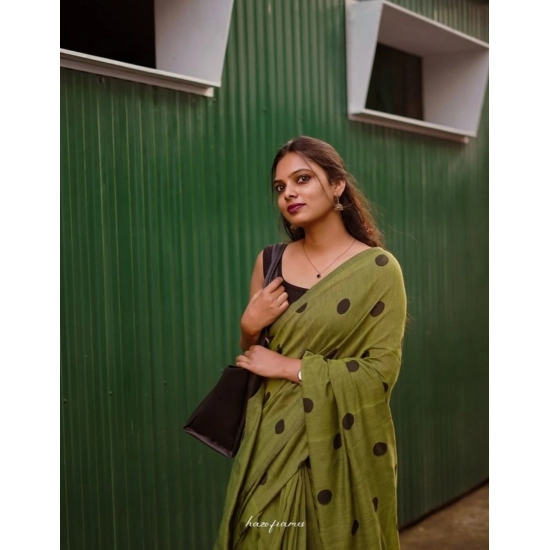 Generic Women's Linen Printed Saree With Unstitched Blouse 5.5Mtr (Green)