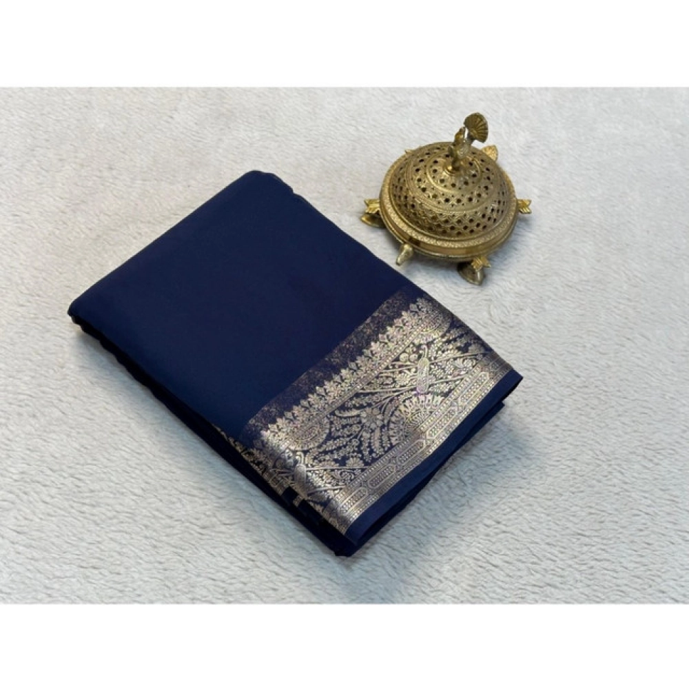 Generic Women's Crepe Chit Pallu Solid Saree With Unstitched Blouse 5.5Mtr (Blue) Generic Women's Crepe Chit Pallu Solid Saree With Unstitched Blouse 5.5Mtr (Blue)