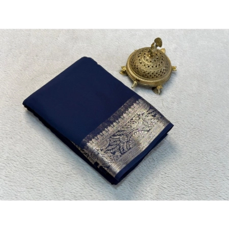 Generic Women's Crepe Chit Pallu Solid Saree With Unstitched Blouse 5.5Mtr (Blue)