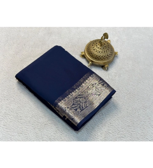 Generic Women's Crepe Chit Pallu Solid Saree With Unstitched Blouse 5.5Mtr (Blue)