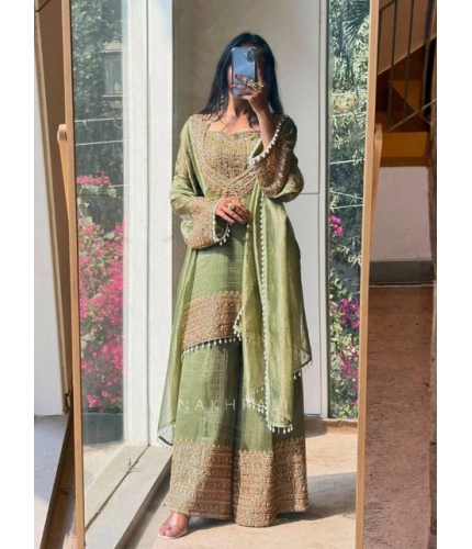 Generic Women's Silk Embroidered 3/4th Sleeve Round Kurti With Sharara Pant and Dupatta Set (Green)