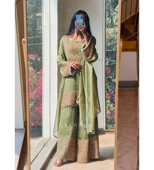 Generic Women's Silk Embroidered 3/4th Sleeve Round Kurti With Sharara Pant and Dupatta Set (Green) Generic Women's Silk Embroidered 3/4th Sleeve Round Kurti With Sharara Pant and Dupatta Set (Green)