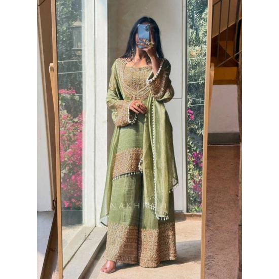 Generic Women's Silk Embroidered 3/4th Sleeve Round Kurti With Sharara Pant and Dupatta Set (Green) Generic Women's Silk Embroidered 3/4th Sleeve Round Kurti With Sharara Pant and Dupatta Set (Green)