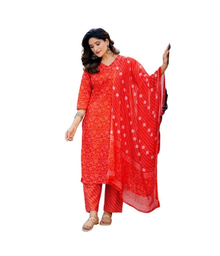 Generic Women's Cotton Blend Printed Kurti With Pant Dupatta Set (Orange)