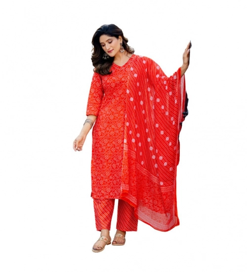 Generic Women's Cotton Blend Printed Kurti With Pant Dupatta Set (Orange)