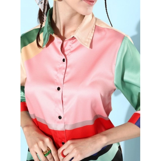 Generic Women's Satin Colour Block Long Sleeves Co-Ord Set (Multicolor)