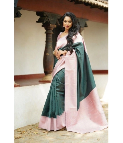 Generic Women's Soft Lichi Silk Printed Saree With Unstitched Blouse 5.5Mtr (Green)