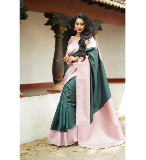 Generic Women's Soft Lichi Silk Printed Saree With Unstitched Blouse 5.5Mtr (Green)