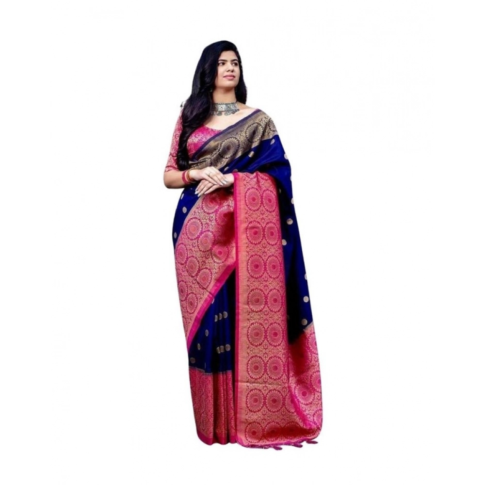Generic Women's Soft Lichi Silk Printed Saree With Unstitched Blouse 5.5Mtr (Blue)