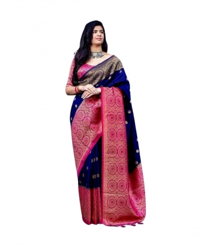 Generic Women's Soft Lichi Silk Printed Saree With Unstitched Blouse 5.5Mtr (Blue)