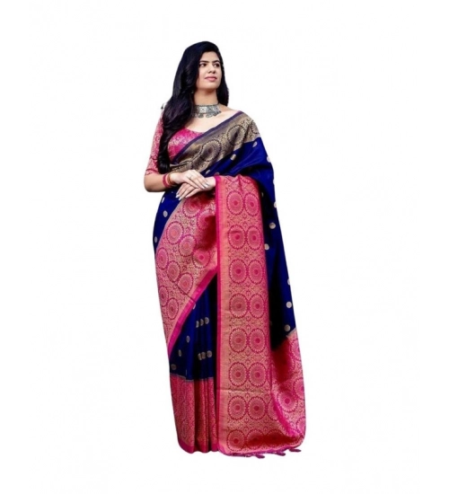 Generic Women's Soft Lichi Silk Printed Saree With Unstitched Blouse 5.5Mtr (Blue)