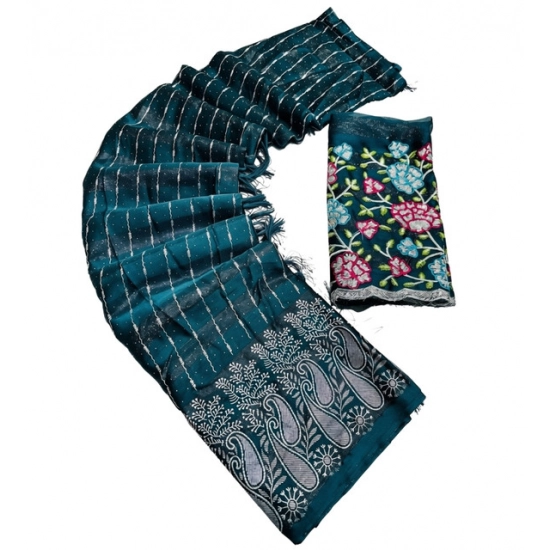 Generic Women's Georgette Striped Saree With Unstitched Blouse 5.5Mtr (Teal)
