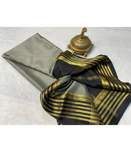 Generic Women's Crepe Chit Pallu Solid Saree With Unstitched Blouse 5.5Mtr (Gray)