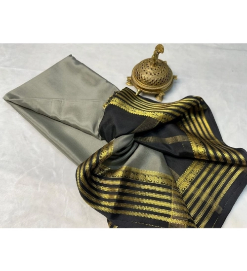 Generic Women's Crepe Chit Pallu Solid Saree With Unstitched Blouse 5.5Mtr (Gray)