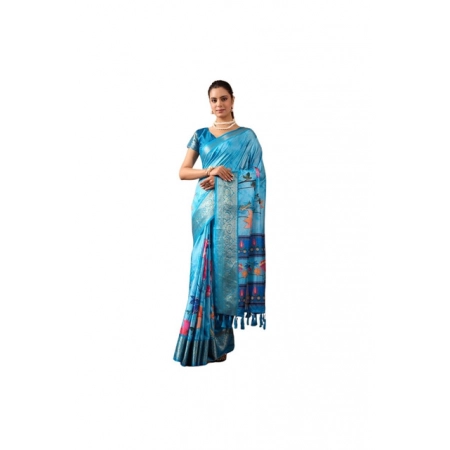 Generic Women's Faux_Silk Printed Saree With Unstitched Blouse 5.5Mtr (Sky_Blue)