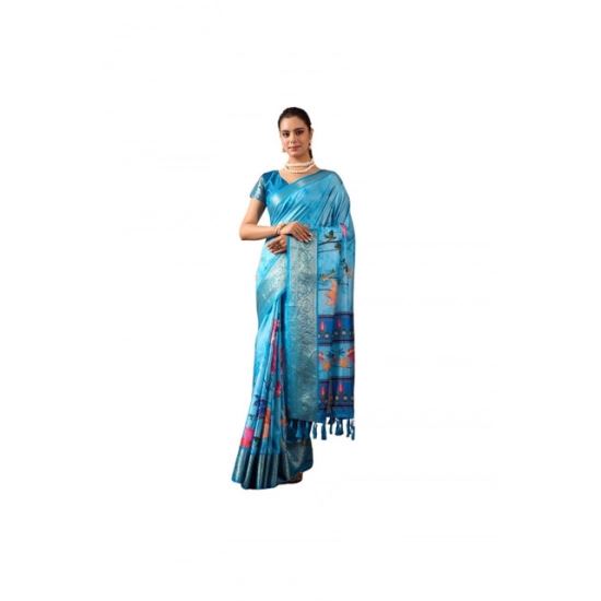 Generic Women's Faux_Silk Printed Saree With Unstitched Blouse 5.5Mtr (Sky_Blue)