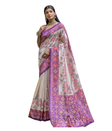 Generic Women's Faux_Tussar Floral Jal With Patola Print Saree With Unstitched Blouse 5.5Mtr (Lavender)