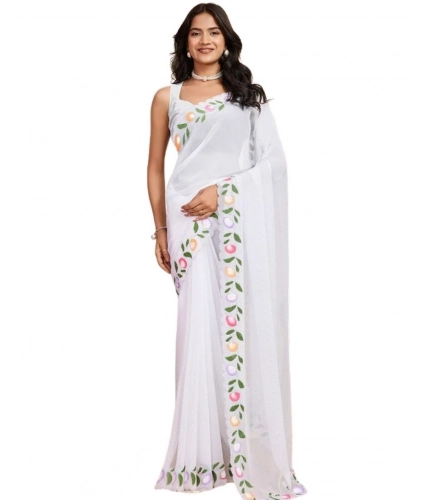 Generic Women's Georgette Printed Saree With Unstitched Blouse 5.5Mtr (White)