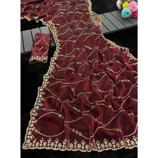 Generic Women's Slik Embellished Saree With Unstitched Blouse 5.5Mtr (Maroon)