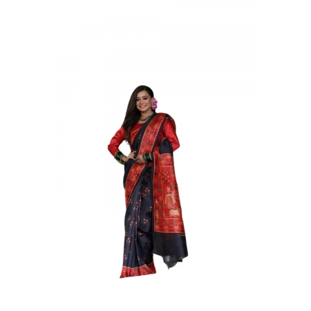 Generic Women's Faux_Tussar_Silk Printed Saree With Unstitched Blouse 5.5Mtr (Black)
