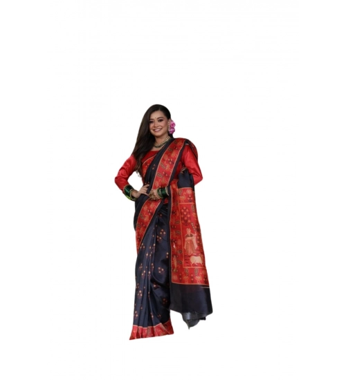 Generic Women's Faux_Tussar_Silk Printed Saree With Unstitched Blouse 5.5Mtr (Black)