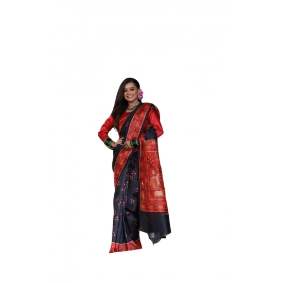 Generic Women's Faux_Tussar_Silk Printed Saree With Unstitched Blouse 5.5Mtr (Black)