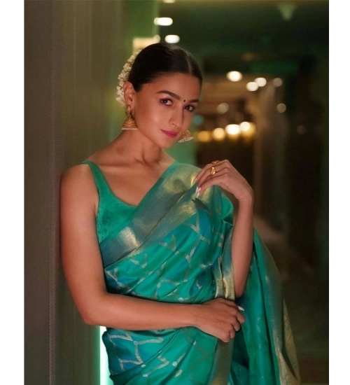 Generic Women's Soft Litchi Silk Jacquard Work Saree With Unstitched Blouse 5.5Mtr (Sky Blue)