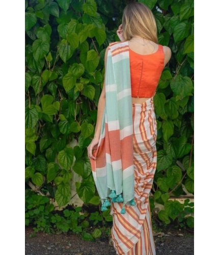 Generic Women's Linen Printed Saree With Unstitched Blouse 5.5Mtr (Orange)
