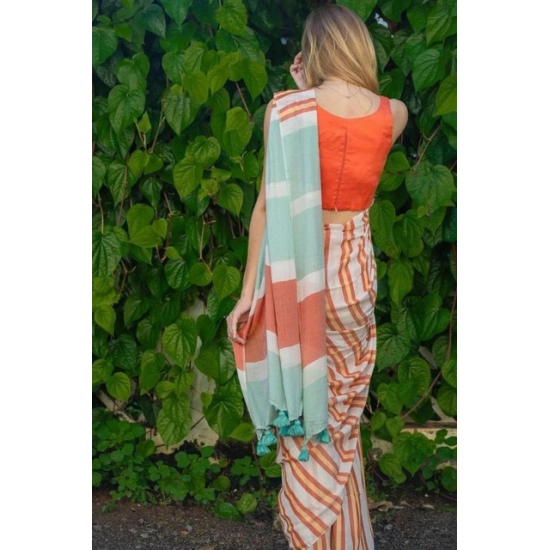 Generic Women's Linen Printed Saree With Unstitched Blouse 5.5Mtr (Orange)