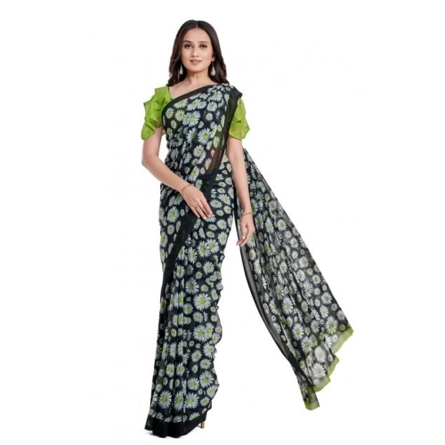 Women's Georgette Printed Saree With Unstitched Blouse 5.5Mtr (Green)