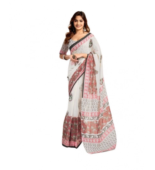 Generic Women's Faux_Linen Printed Ready-to-Wear Saree With Unstitched Blouse 5.5 Mtr (White)