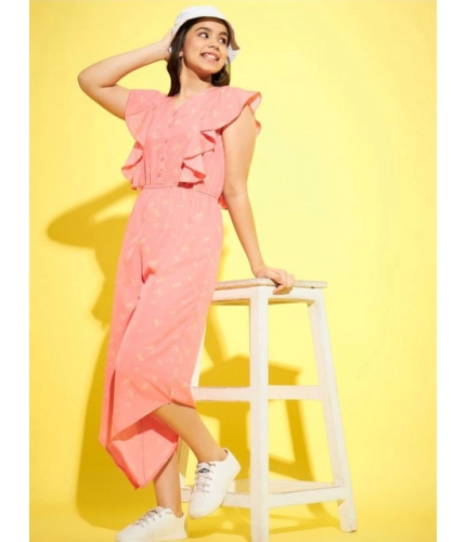 Generic Girl's Polyester Floral Sleeveless Jumpsuit (Pink)