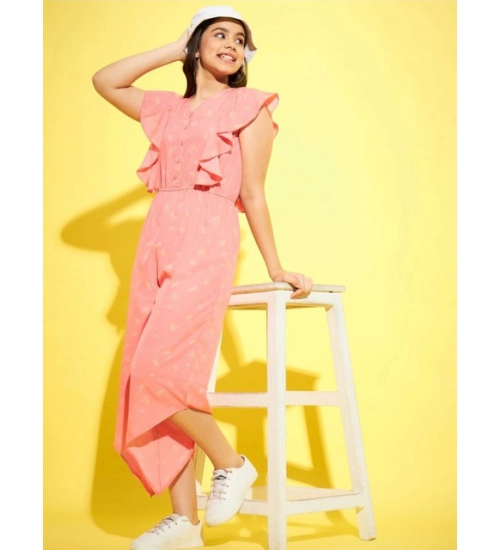 Generic Girl's Polyester Floral Sleeveless Jumpsuit (Pink)
