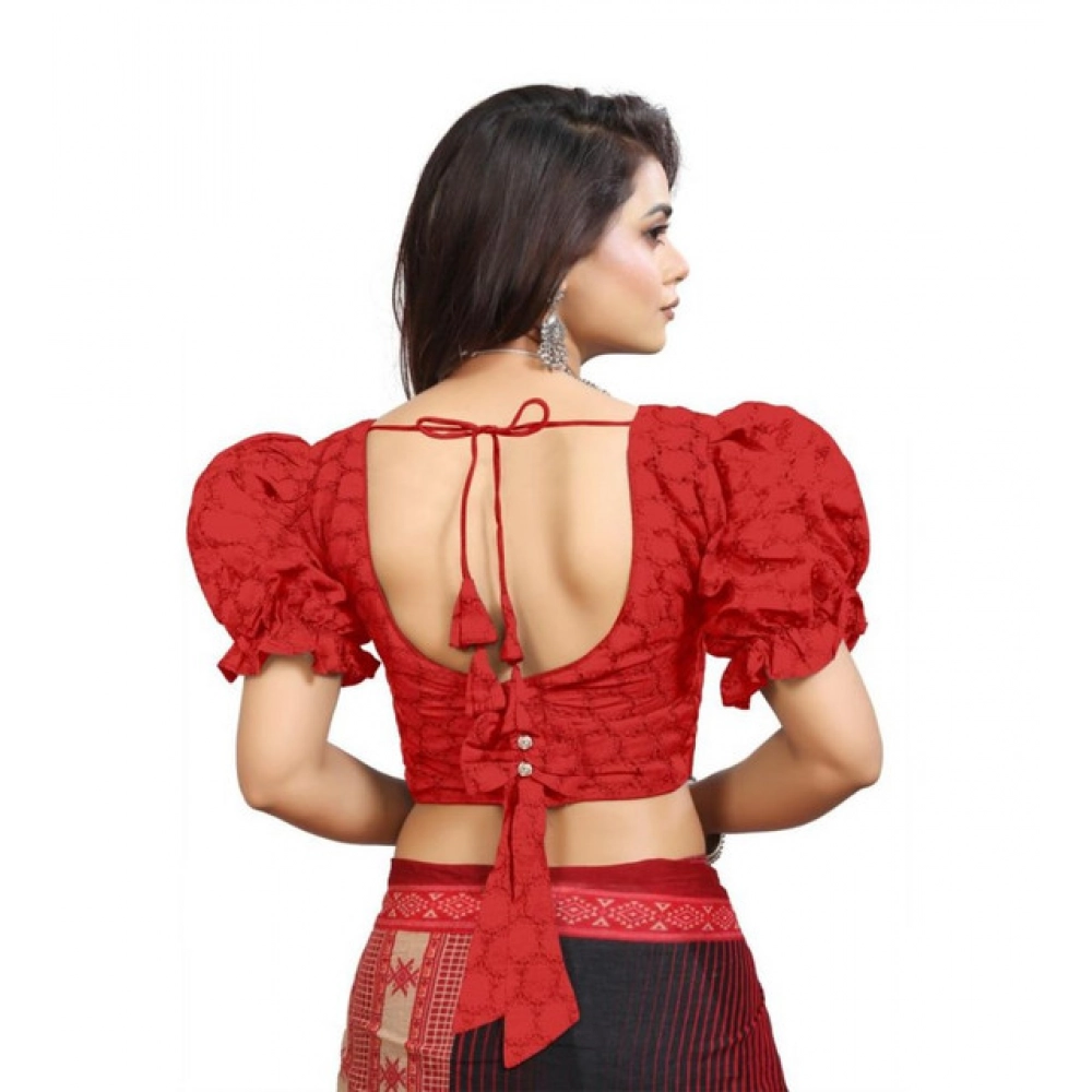 Women's Cotton Embroidered V-Neck Non Padded Blouse (Red 36 Ready (Alterable up to 42)