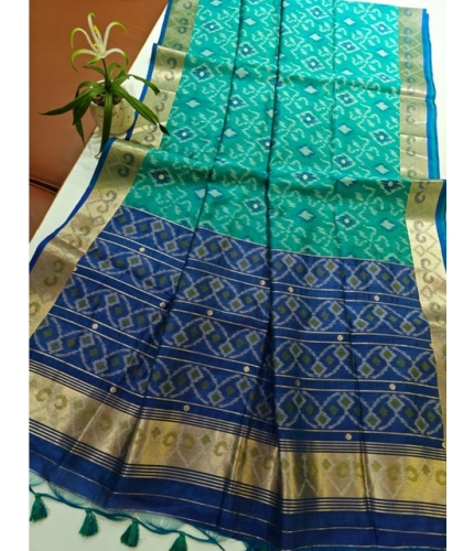 Generic Women's Raw Silk Ikkat Saree With Unstitched Blouse 5.5Mtr (Sky Blue)