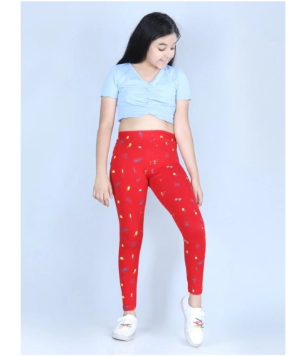 Generic Girl's Cotton Lycra Printed Elasticated Leggings (Red)
