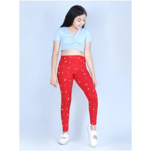 Generic Girl's Cotton Lycra Printed Elasticated Leggings (Red)