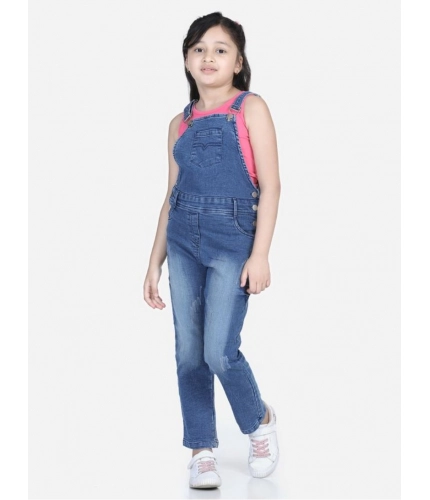 Generic Girl's Denim Washed Buttoned Dungaree (Blue)