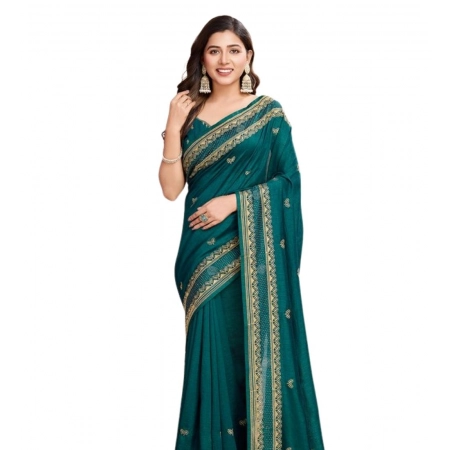 Generic Women's Vichitra Silk Embroidery Work Saree With Unstitched Blouse 5.5Mtr (Rama)