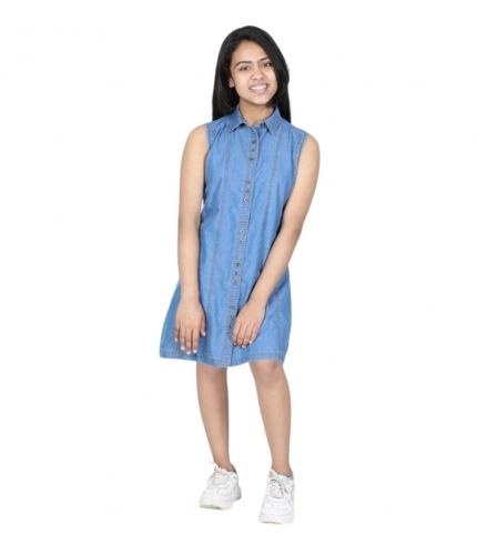 Generic Girl's Denim Solid Cold Shoulder Dress (Blue)