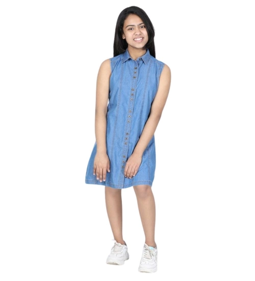 Generic Girl's Denim Solid Cold Shoulder Dress (Blue)