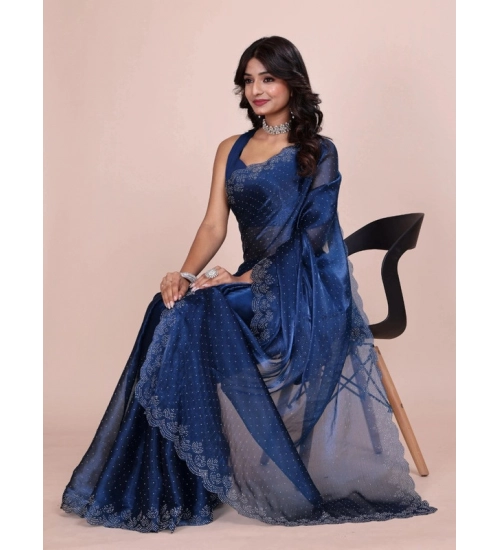 Generic Women's Jimmy choo Embellished Bollywood Saree With Unstitched Blouse 5.5Mtr (Blue)