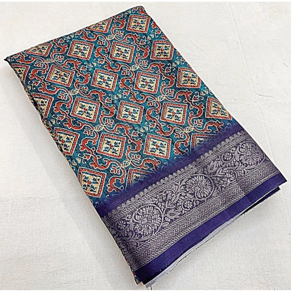 Generic Women's Cotton Blend Printed Saree With Unstitched Blouse 5.5Mtr (Blue)