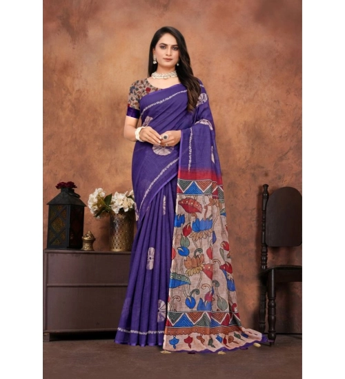 Generic Women's Linen Printed Saree With Unstitched Blouse 5.5Mtr (Purple)