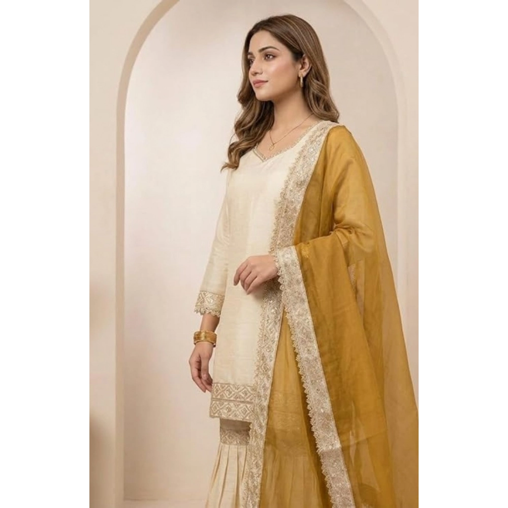 Generic Women's Silk Embroidered 3/4th Sleeve V-Neck Kurti With Sharara Pant and Dupatta Set (Cream & Yellow) Generic Women's Silk Embroidered 3/4th Sleeve V-Neck Kurti With Sharara Pant and Dupatta Set (Cream & Yellow)