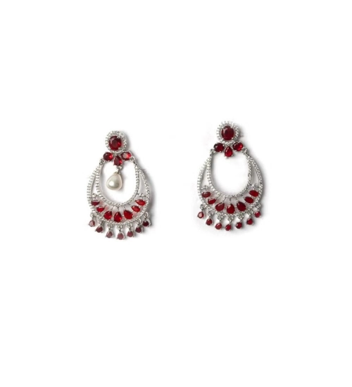 Generic Women's Brass Silver Plated Chandbali Earrings (Red) Generic Women's Brass Silver Plated Chandbali Earrings (Red)