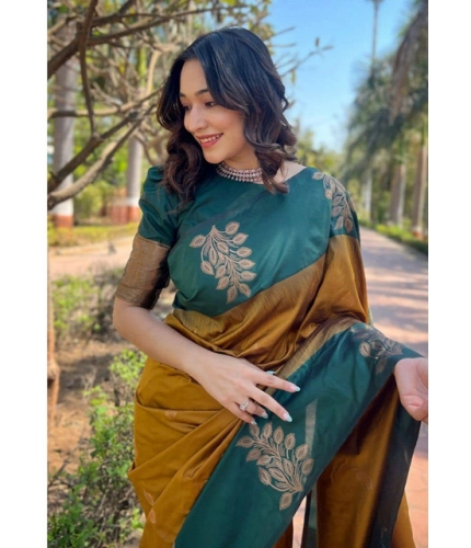 Generic Women's Soft Lichi Silk Printed Saree With Unstitched Blouse 5.5Mtr (Mustard )