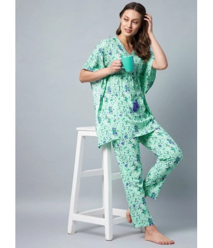 Generic Women's Rayon Floral Kaftan Sleeve Night Suit (Green - Blue)