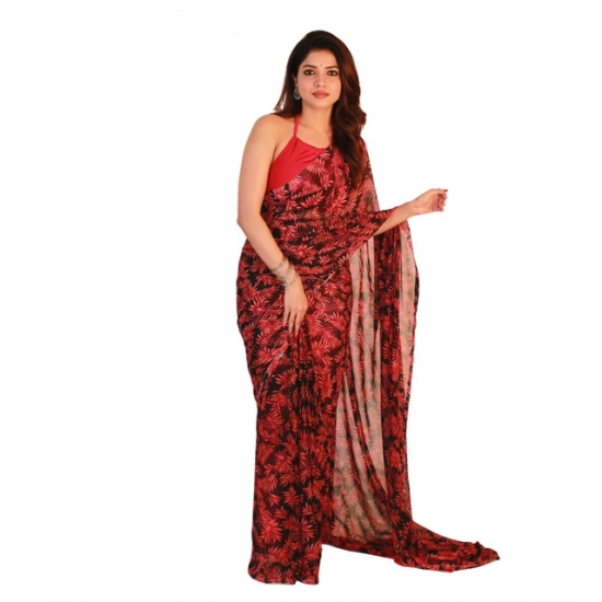 Generic Women's Georgette Floral Printed Saree With Unstitched Blouse 5.5Mtr (Black-Red)